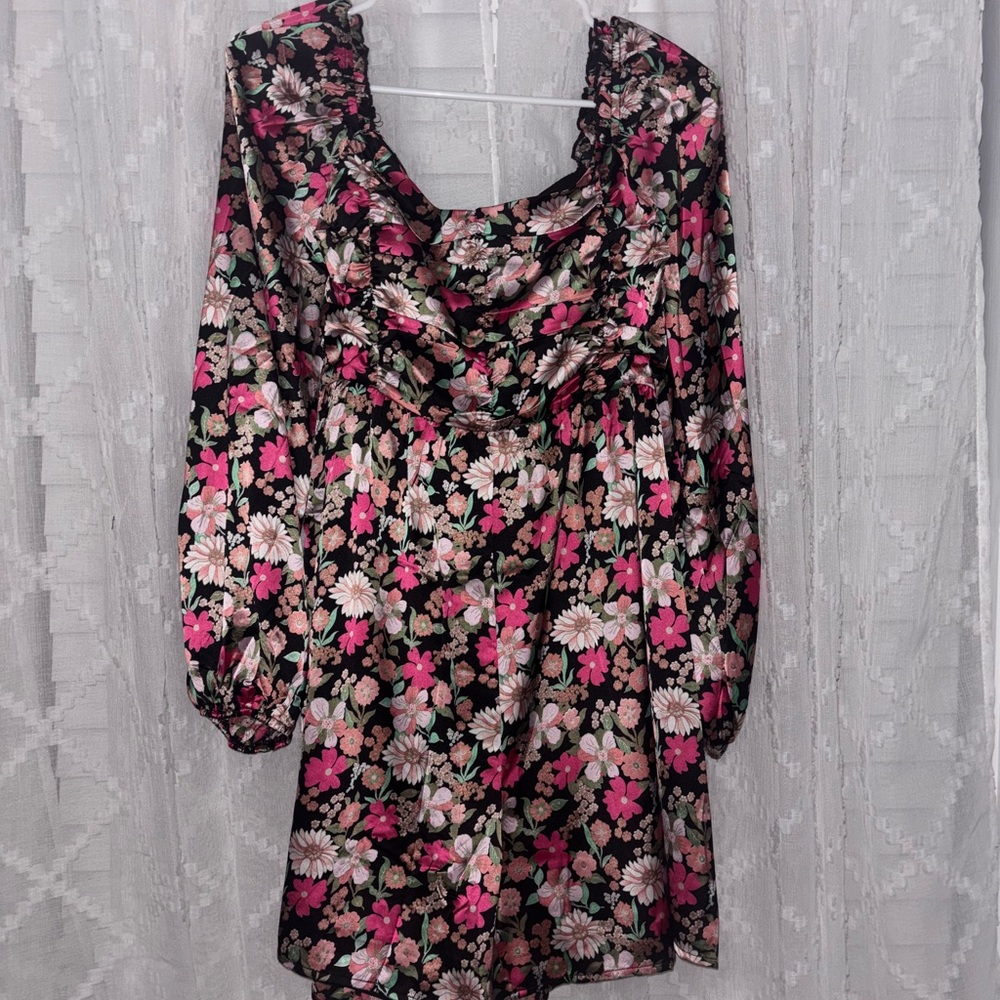 NEW Pink Lily Black and Pink Floral Long Sleeve Romper